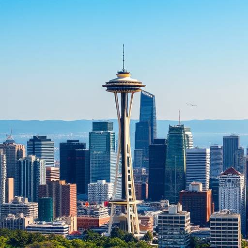 Aerial view of the Seattle skyline with the Space Needle prominently featured