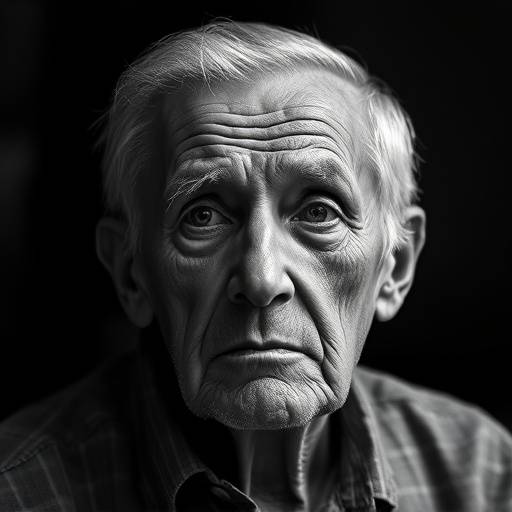 Black and white portrait of an elderly man with a thoughtful expression.