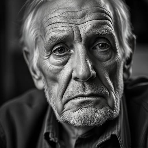 Black and white portrait of an elderly man with a thoughtful expression