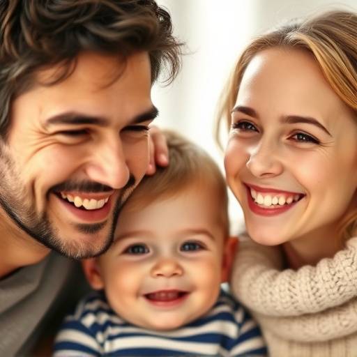 Family portrait featuring a group of people smiling brightly against a blurred background