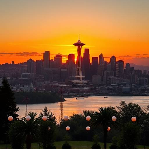 Panoramic view of the Seattle skyline at sunset from Kerry Park.