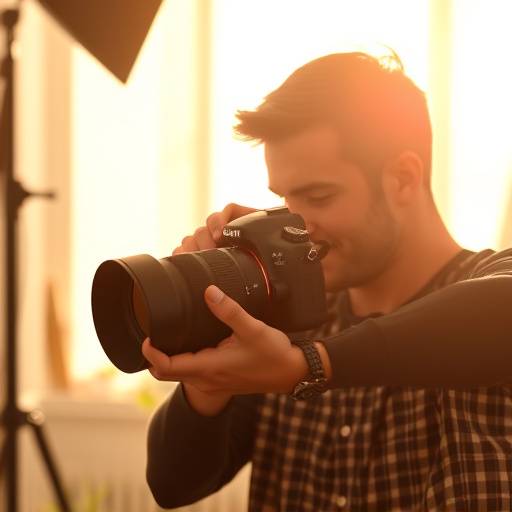 Photographer adjusting the settings on their DSLR camera in a sunlit studio