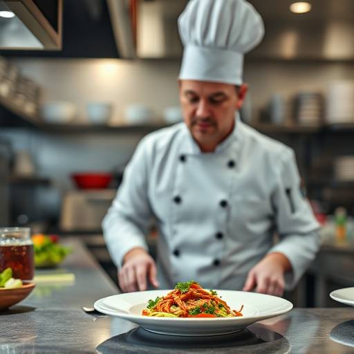 Professional commercial photograph of a chef preparing a dish in a restaurant kitchen, example of Lumiere Lens Studio commercial photography