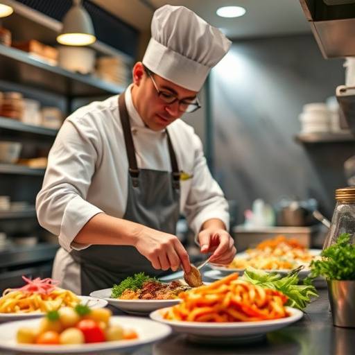 Professional commercial shot of a chef preparing food in a restaurant kitchen.